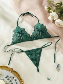 Classic Sexy Eyelash Lace Cutout Bow Front Tie Back Lingerie Set - Dark Green - View 1