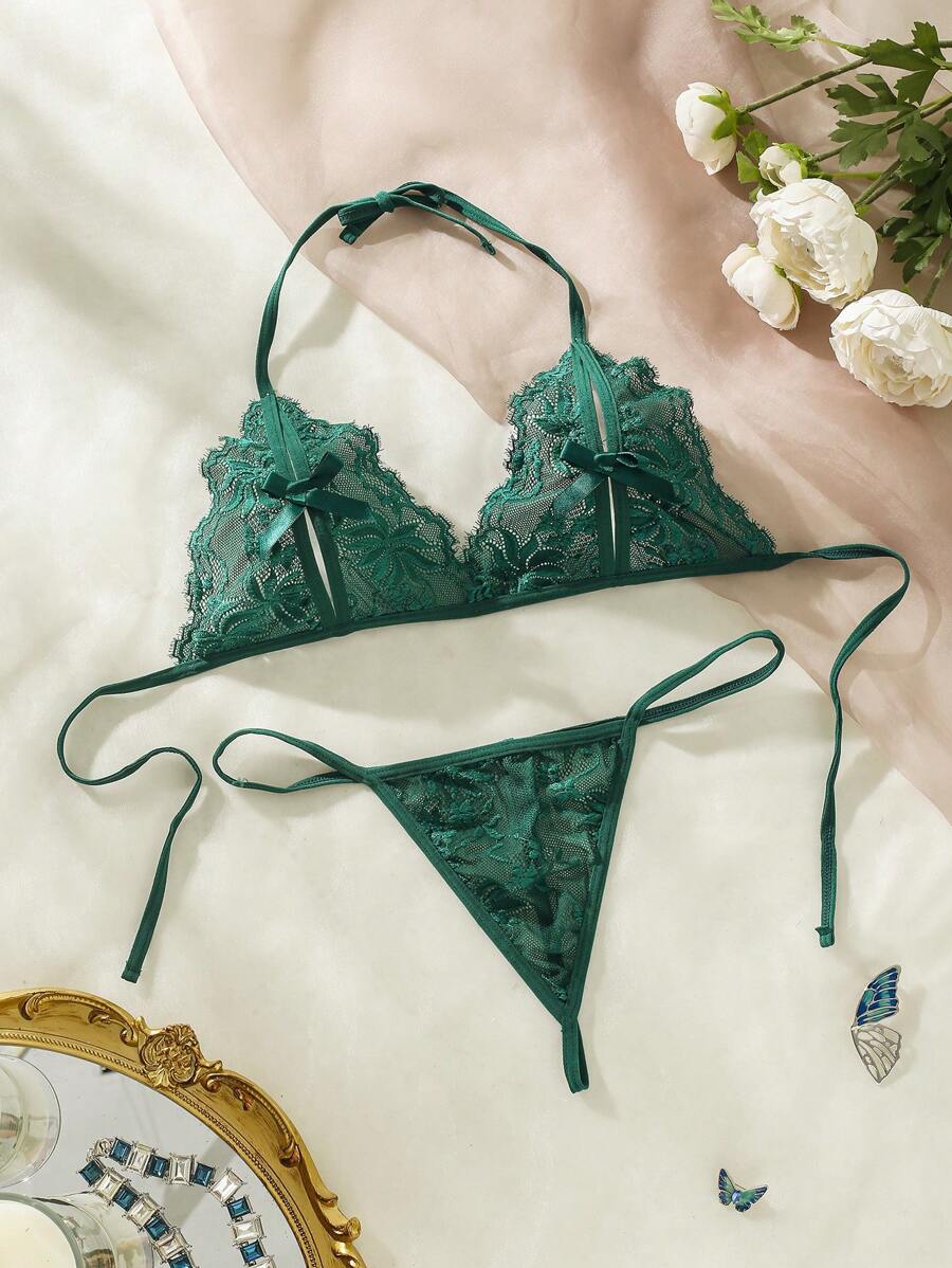 Classic Sexy Eyelash Lace Cutout Bow Front Tie Back Lingerie Set - Dark Green - View 1