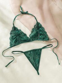 Classic Sexy Eyelash Lace Cutout Bow Front Tie Back Lingerie Set - Dark Green - View 2