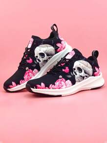 女式骷髏和玫瑰圖案繫帶前跑鞋，運動型戶外運動鞋 - 彩色 - 查看 5