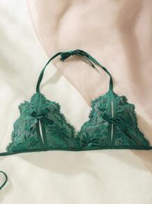 Classic Sexy Eyelash Lace Cutout Bow Front Tie Back Lingerie Set - Dark Green - View 3