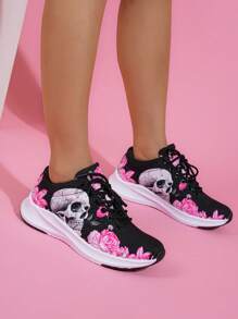 女式骷髏和玫瑰圖案繫帶前跑鞋，運動型戶外運動鞋 - 彩色 - 查看 7