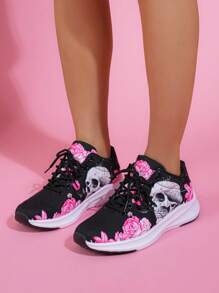 女式骷髏和玫瑰圖案繫帶前跑鞋，運動型戶外運動鞋 - 彩色 - 查看 8