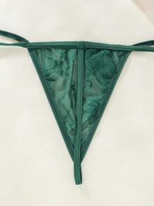 Classic Sexy Eyelash Lace Cutout Bow Front Tie Back Lingerie Set - Dark Green - View 5