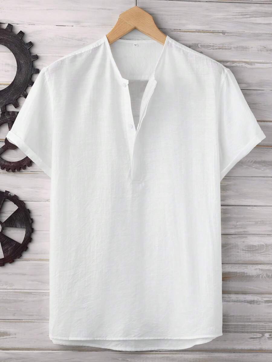 Manfinity Homme Hombres Camisa unicolor con botón - Blanco - Ver 1