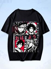 ROMWE MEN Anime Playera Gráfica De Figura De Para Hombres - Negro - Ver 1