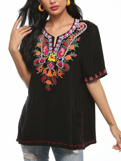Floral Embroidery Notched Neck Blouse