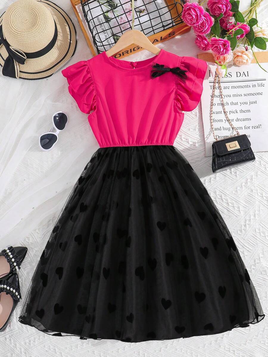 SHEIN 女孩心網紗覆蓋前蝴蝶結荷葉邊洋裝 - 彩色 - 查看 1