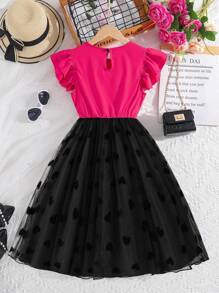 SHEIN 女孩心網紗覆蓋前蝴蝶結荷葉邊洋裝 - 彩色 - 查看 2