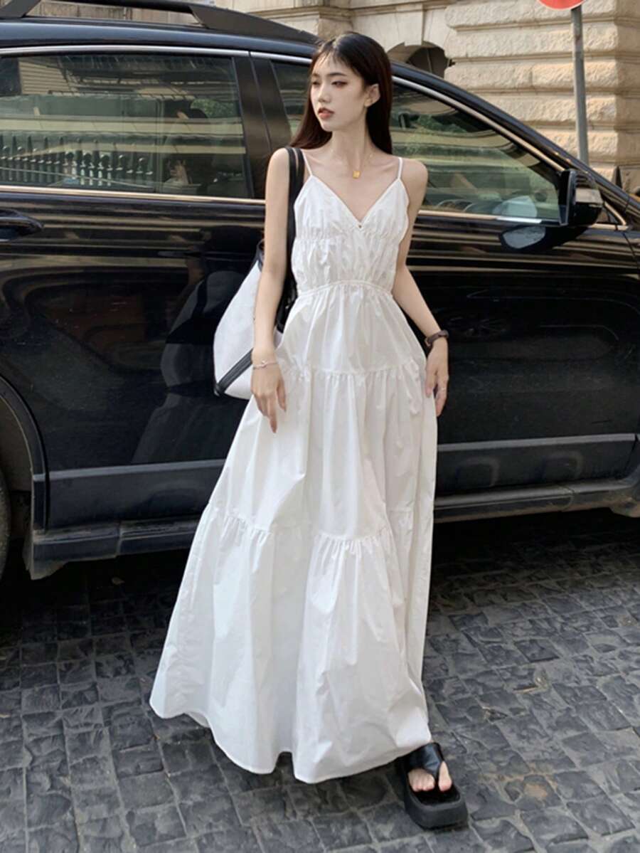 Solid Ruffle Hem Open Back Cami Dress - White - View 1