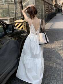 Solid Ruffle Hem Open Back Cami Dress - White - View 2