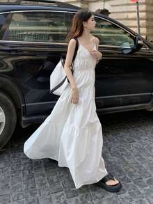 Solid Ruffle Hem Open Back Cami Dress - White - View 3