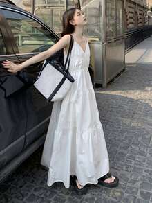 Solid Ruffle Hem Open Back Cami Dress - White - View 4