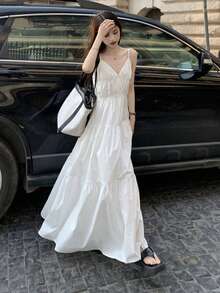 Solid Ruffle Hem Open Back Cami Dress - White - View 5