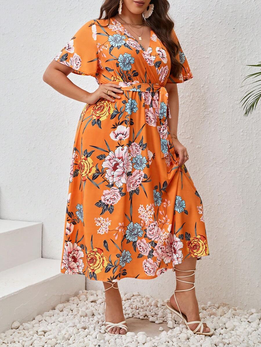 SHEIN VCAY 大码波西米亚风花卉印花蝴蝶袖系带连衣裙，适合夏季 - 橘色 - 查看 1