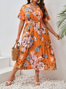 SHEIN VCAY 大码波西米亚风花卉印花蝴蝶袖系带连衣裙，适合夏季 - 橘色 - 查看 5