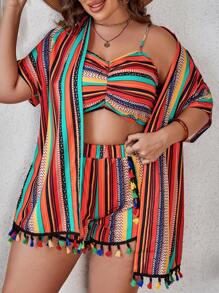 SHEIN VCAY 大碼條紋印花吊帶上衣和流蘇邊短褲和外套 - 彩色 - 查看 1