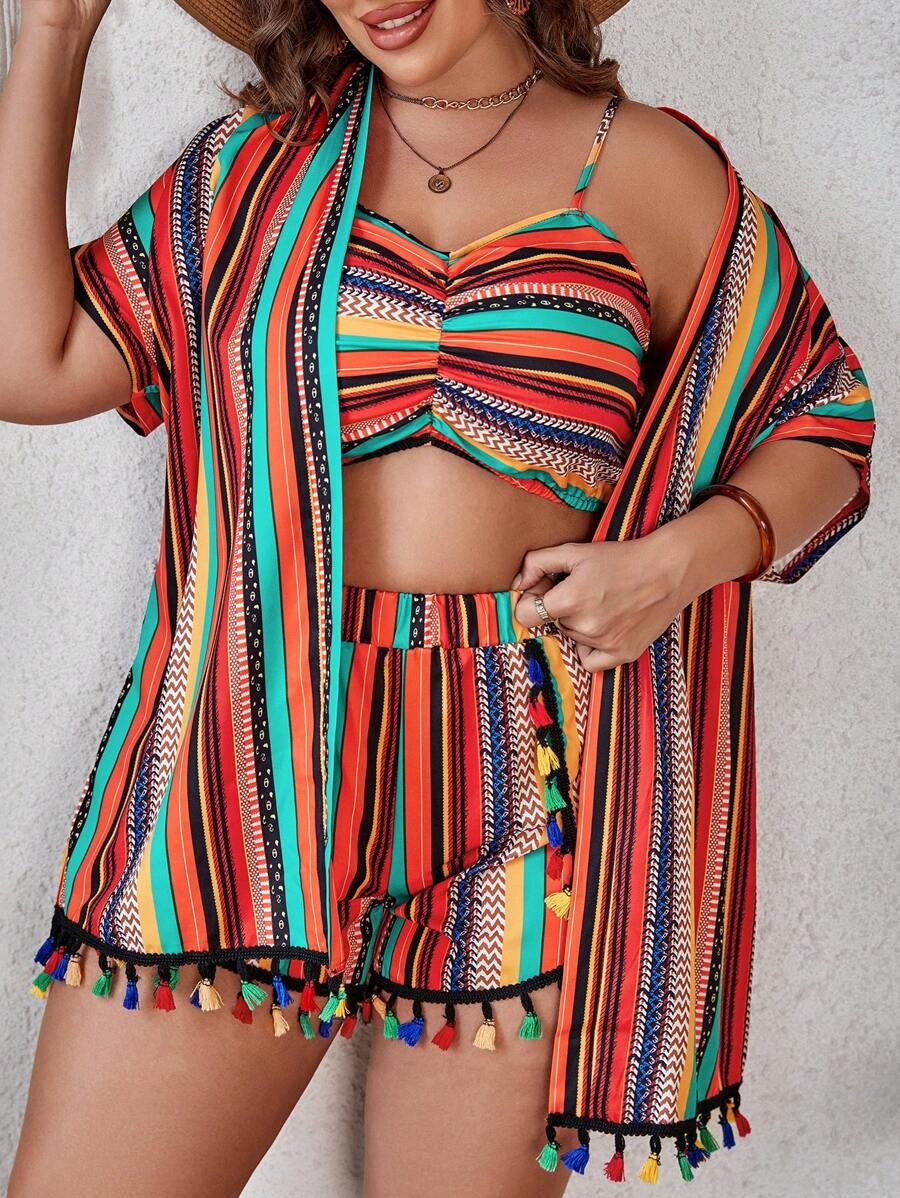 SHEIN VCAY 大碼條紋印花吊帶上衣和流蘇邊短褲和外套 - 彩色 - 查看 1