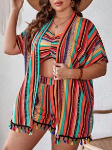 SHEIN VCAY 大碼條紋印花吊帶上衣和流蘇邊短褲和外套 - 彩色 - 查看 4