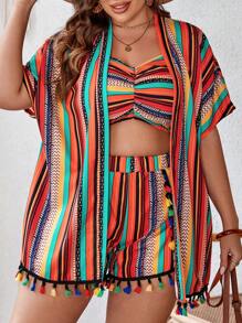 SHEIN VCAY 大碼條紋印花吊帶上衣和流蘇邊短褲和外套 - 彩色 - 查看 5