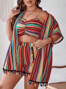 SHEIN VCAY 大碼條紋印花吊帶上衣和流蘇邊短褲和外套 - 彩色 - 查看 7