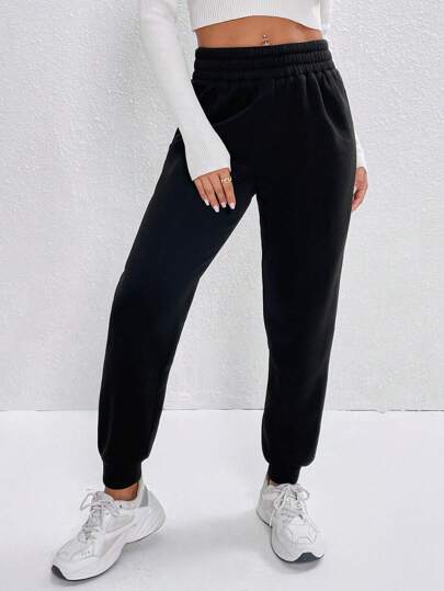 SHEIN PETITE 純色彈性腰春季運動褲