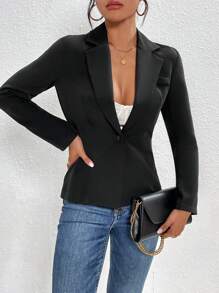 SHEIN PETITE 秋冬翻领前开襟西装外套 - 黑色 - 查看 3