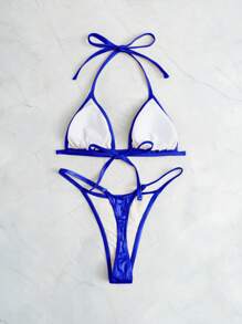 SHEIN ICON Chất rắn Dây Tam giác Cà vạt Bộ đồ bơi Bikini - Xanh đậm - Xem 3