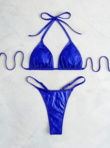 SHEIN ICON Chất rắn Dây Tam giác Cà vạt Bộ đồ bơi Bikini - Xanh đậm - Xem 4