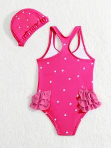 Baby Girl Flamingo Print Ruffle Trim One Piece Swimsuit & Swim Cap - Hot Pink - View 2