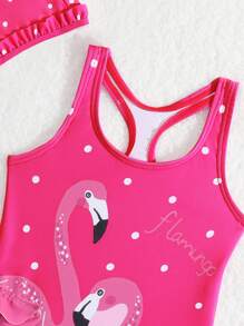 Baby Girl Flamingo Print Ruffle Trim One Piece Swimsuit & Swim Cap - Hot Pink - View 3