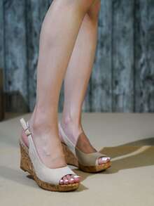 Fashionable Simple Peep Toe Wedge Sandals For Women - Apricot - View 6