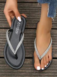 Women's Rhinestone Flat Sandals With Toe Post - Black - View 1