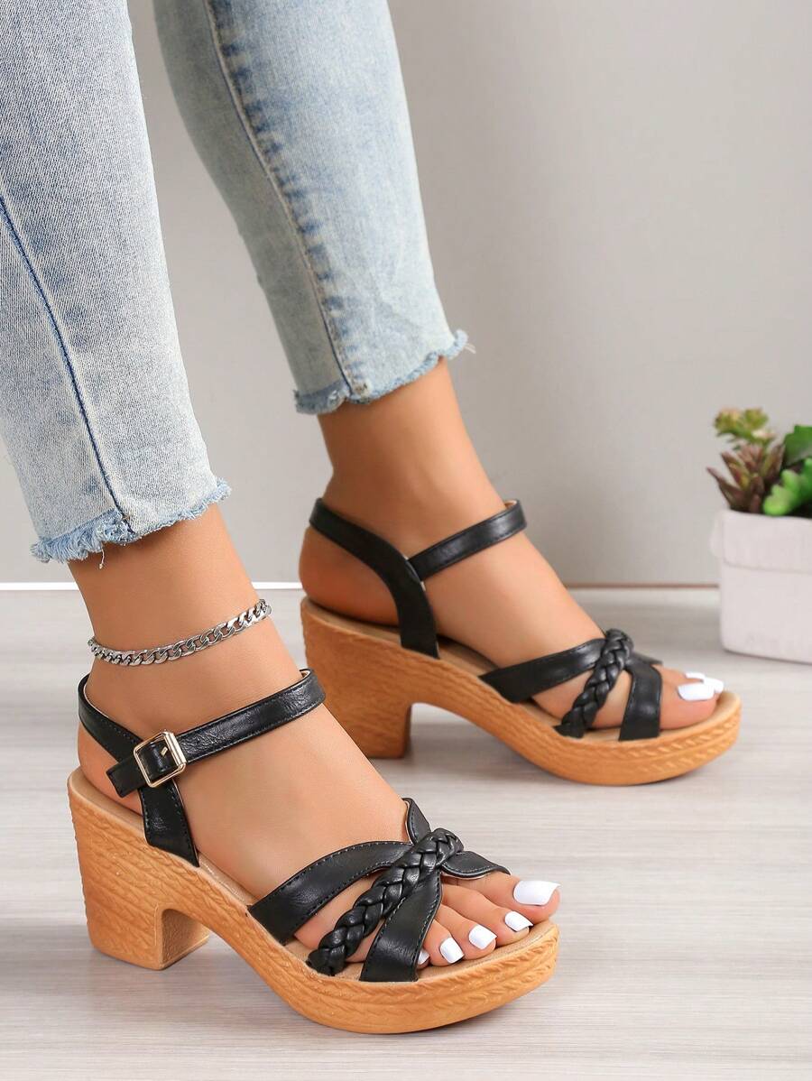 NỮ Chi tiết bện Nền tảng Xăng đan gót khối , Kỳ nghỉ Mùa hè Dép Quai Quai Mắt Cá Chân - màu đen - Xem 1