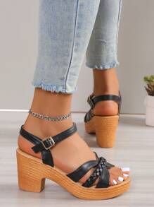 NỮ Chi tiết bện Nền tảng Xăng đan gót khối , Kỳ nghỉ Mùa hè Dép Quai Quai Mắt Cá Chân - màu đen - Xem 2