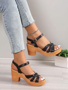 NỮ Chi tiết bện Nền tảng Xăng đan gót khối , Kỳ nghỉ Mùa hè Dép Quai Quai Mắt Cá Chân - màu đen - Xem 5