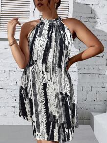 SHEIN LUNE 大碼圖案印花繞頸連衣裙 - 黑與白 - 查看 3