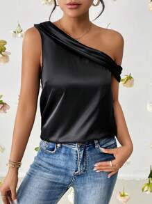 SHEIN Privé Chất rắn Cổ không đối xứng Xa ten Áo sơ mi - màu đen - Xem 1