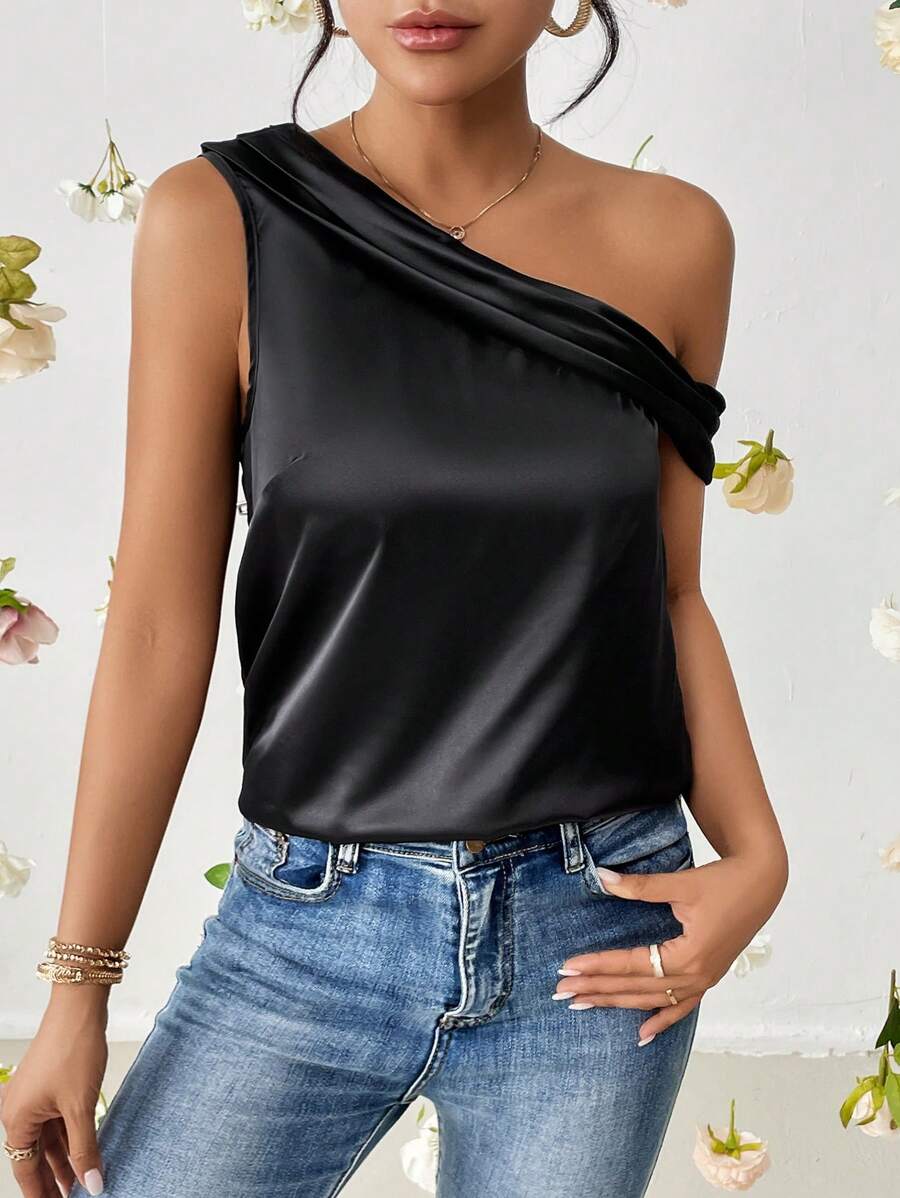 SHEIN Privé Chất rắn Cổ không đối xứng Xa ten Áo sơ mi - màu đen - Xem 1