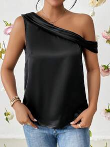 SHEIN Privé Chất rắn Cổ không đối xứng Xa ten Áo sơ mi - màu đen - Xem 4