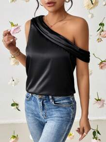 SHEIN Privé Chất rắn Cổ không đối xứng Xa ten Áo sơ mi - màu đen - Xem 5