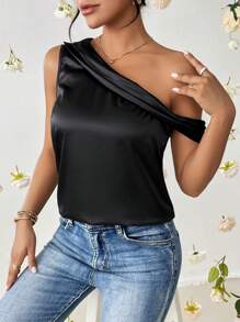 SHEIN Privé Chất rắn Cổ không đối xứng Xa ten Áo sơ mi - màu đen - Xem 6