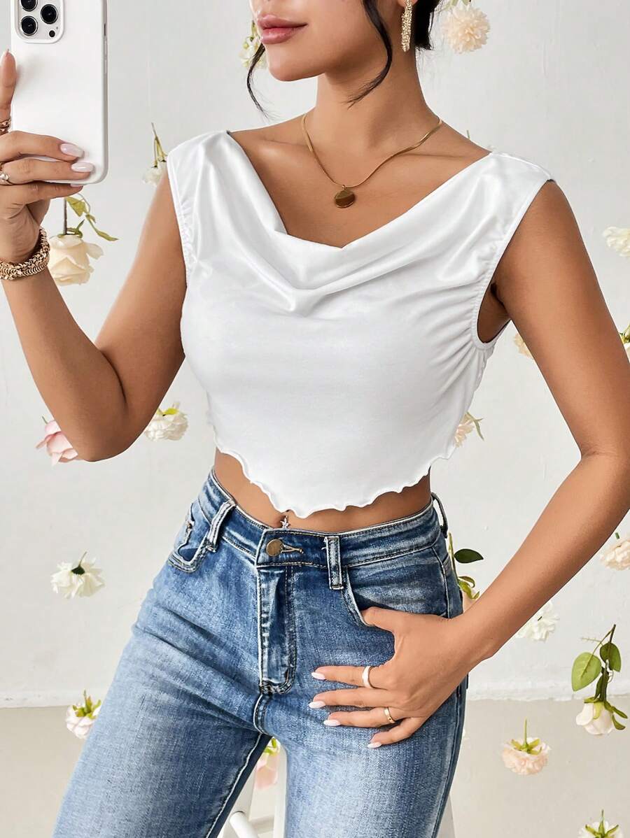 SHEIN Essnce 垂領木耳邊背心上衣 - 白色 - 查看 1