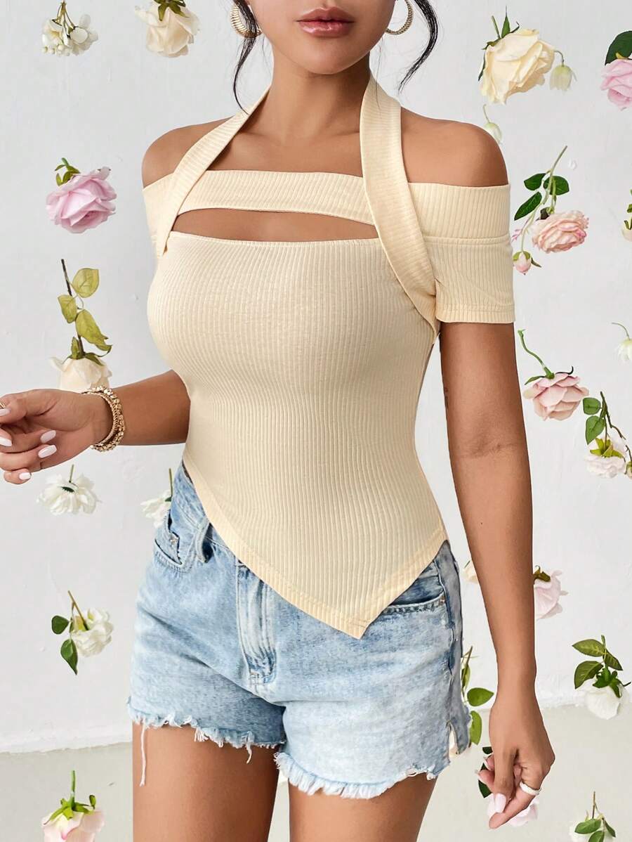 SHEIN Privé Cắt ra Viền không đối xứng Áo thun - Màu be - Xem 1