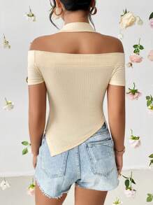 SHEIN Privé Cắt ra Viền không đối xứng Áo thun - Màu be - Xem 2