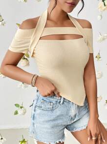 SHEIN Privé Cắt ra Viền không đối xứng Áo thun - Màu be - Xem 3