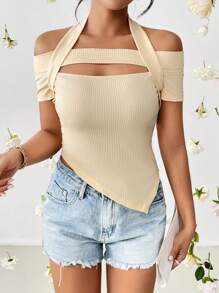 SHEIN Privé Cắt ra Viền không đối xứng Áo thun - Màu be - Xem 4
