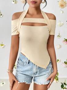 SHEIN Privé Cắt ra Viền không đối xứng Áo thun - Màu be - Xem 5