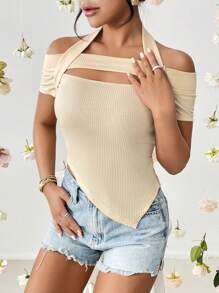 SHEIN Privé Cắt ra Viền không đối xứng Áo thun - Màu be - Xem 6