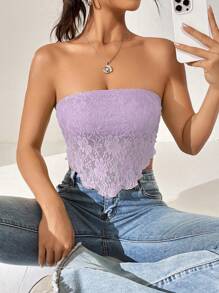 SHEIN Qutie Backless Hanky Hem Lace Tube Top - Lilac Purple - View 1